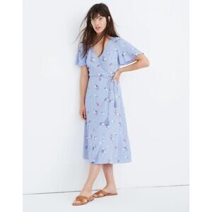 Madewell Women's Button-Wrap Midi Dress in Aloha Flower Rainwashed Peri Size 14